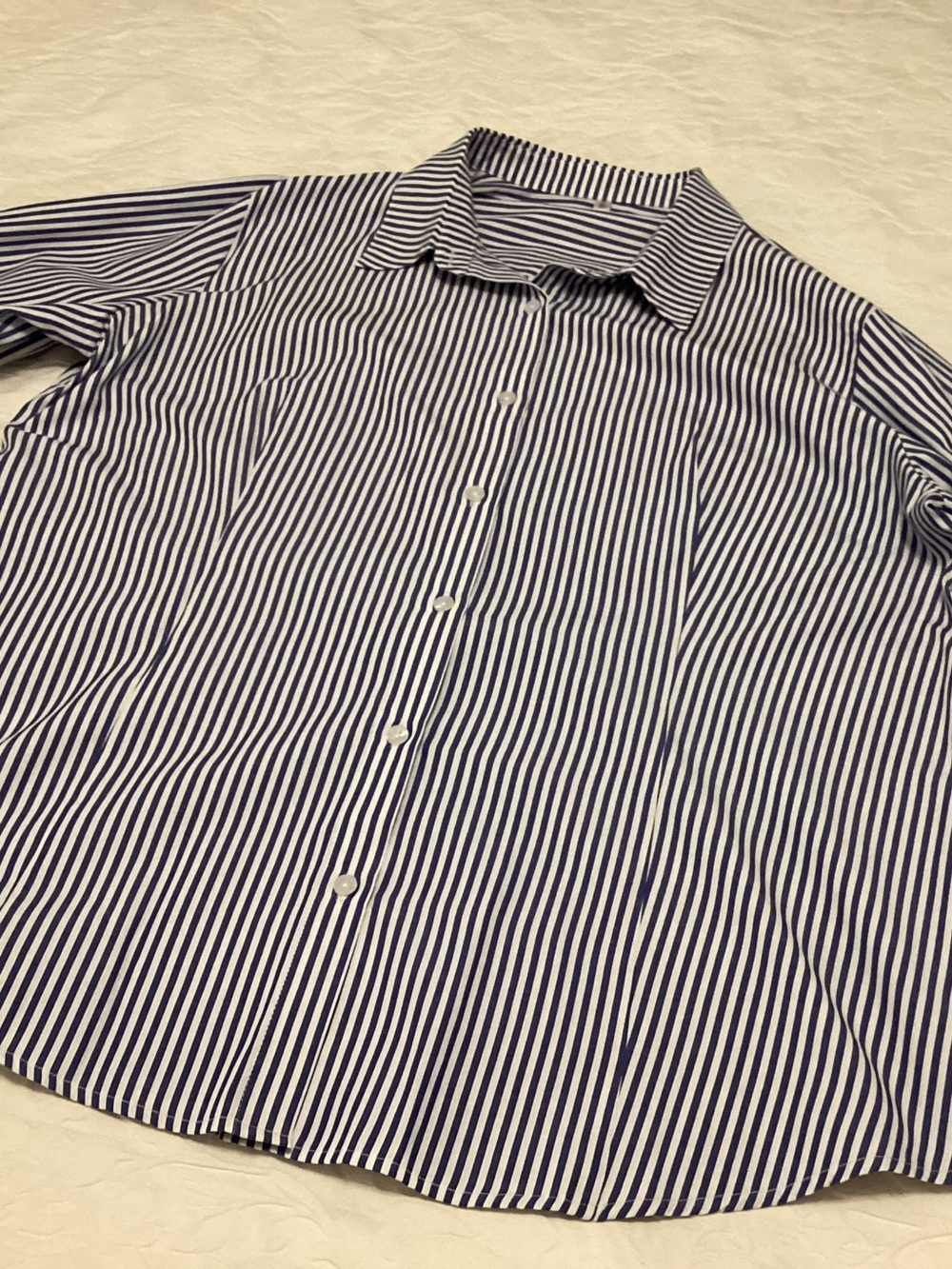 Amazon Women’s Navy and White Vertical Stripe Button-Down Shirt